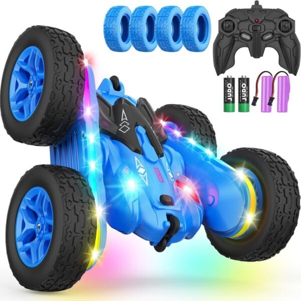 Remote Control Car, Rc Cars Stunt Kids Toys New Upgraded Strip Lights and Headlights Double-Sided 360 Rotating 4WD Drift Truck for Boys Girls Birthday Gift (Blue)