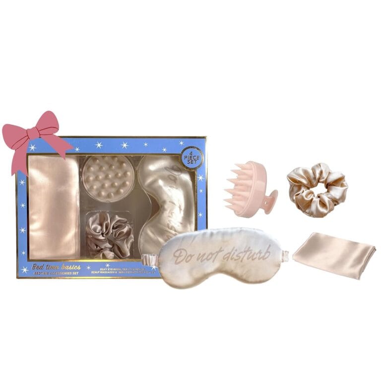 Holler & Glow Bedtime Basics Accessories Set, Limited Edition, Sleep Eye Mask, Silk Scrunchie, Hair Growth Scalp Massager, Satin Pillowcase, Beauty Sleep For Women & Mothers, 4 Piece Gift Set
