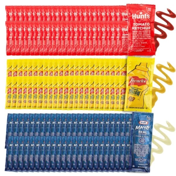 Chronos Condiment 150 assortment gift pack - 50 Single Serve Pouches of Each: Ketchup, Mustard, and Mayo - 150 Pack, Great for Picnics, Boxed Lunch, BBQ, Travel, and Parties