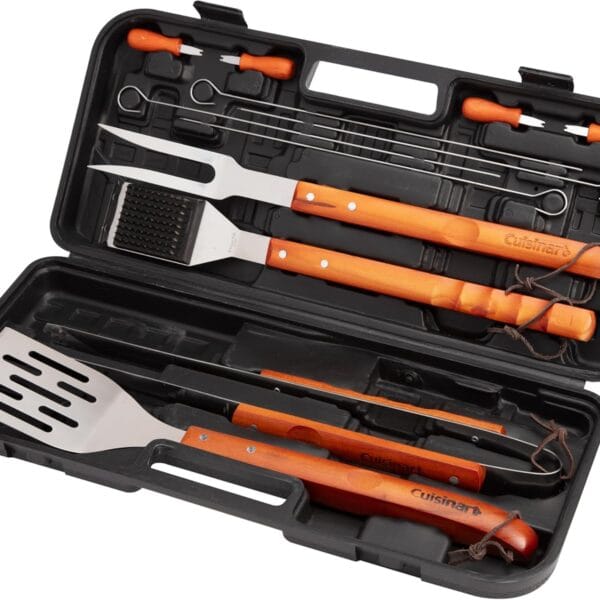 Cuisinart 13-Piece Wooden Grill Tool Set, BBQ Accessories and Grill Tools, Durable Stainless-Steel Utensils with Recycled Plastic Case, Spatula, Tongs, Cleaning Brush & More, Grilling Gifts for Men