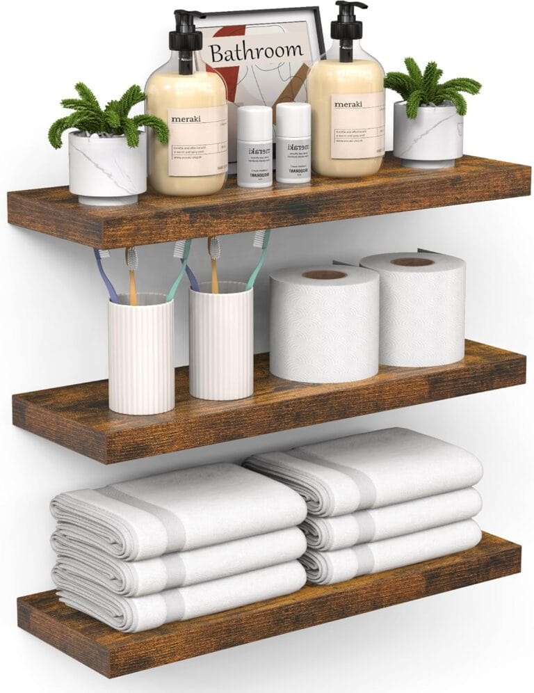 BAYKA Floating Shelves for Wall  Bathroom Shelves Rustic Wood with Metal Brackets for Bathroom, Bedroom, Kitchen, or Living Room Decor  Rustic Brown, Set of 3, Sturdy Storage with 22lb Capacity
