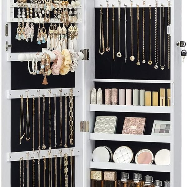 SONGMICS 6 LEDs Mirror Jewelry Cabinet, 47.2-Inch Tall Lockable Wall or Door Mounted Jewelry Armoire Organizer with Mirror, 2 Drawers, 3.9 x 14.6 x 47.2 Inches, White UJJC93W