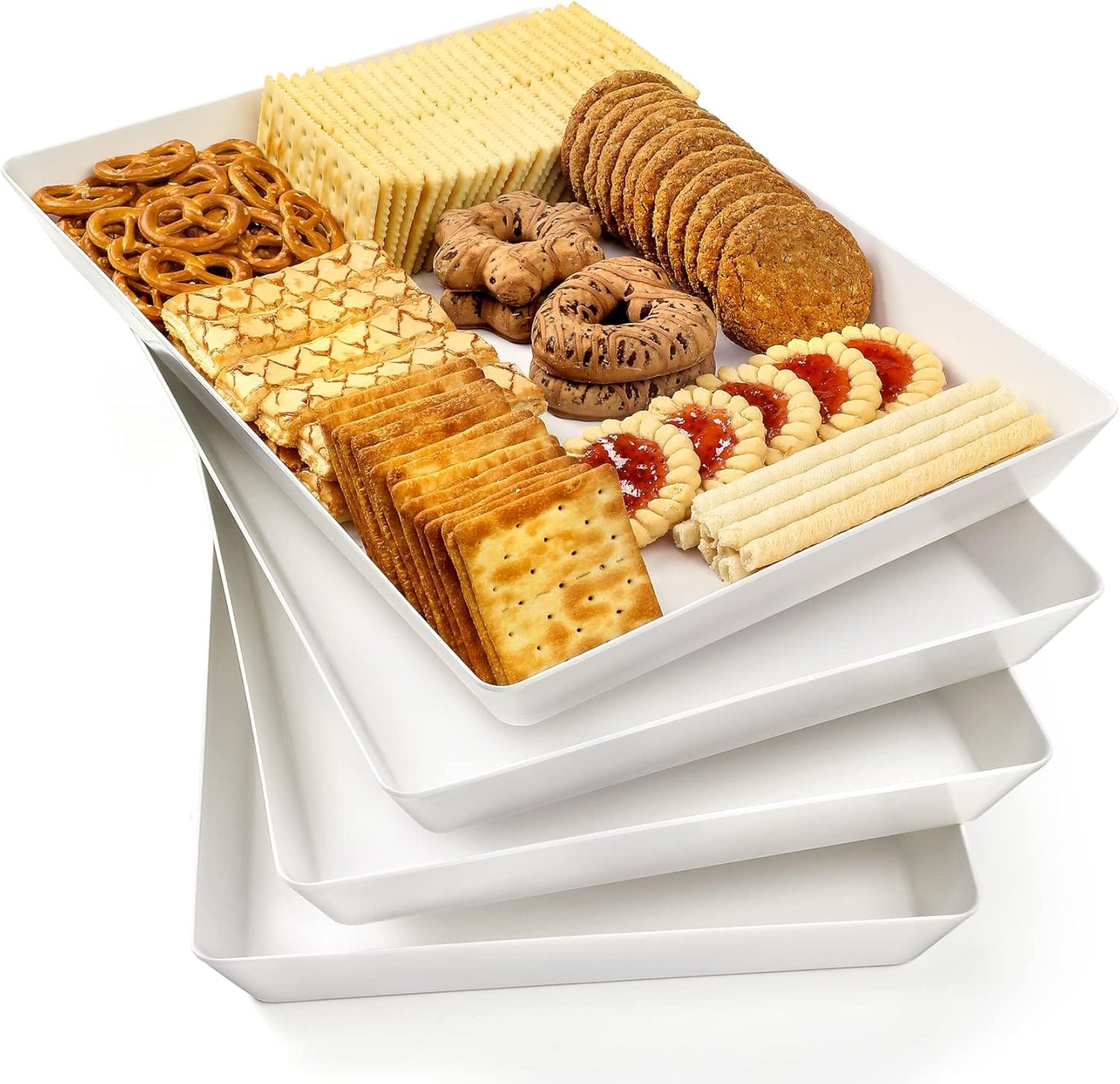 4 Pack Plastic 16" X 11" Large White Serving Trays Set Reusable Serving Platters For Cookie, Appetizer, Charcuterie, Snack, Dessert, Party Food Display Stackable Kitchen CounterTop Tray, BPA Free 4-Pack Plastic 16" x 11" Large White Serving Trays Set - Reusable Serving Platters for Cookie, Appetizer, Charcuterie, Snack, Dessert, Party Food Display - Stackable Kitchen CounterTop Tray, BPA Free
