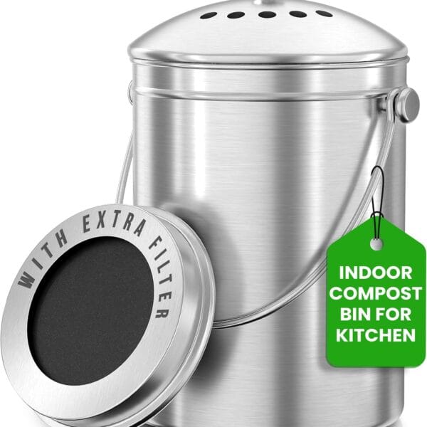 Utopia Kitchen Compost Bin for Kitchen Countertop, 1.3 Gallon Compost Bucket for Kitchen with Lid, Includes 1 Spare Charcoal Filter, Home Essentials - (Silver)
