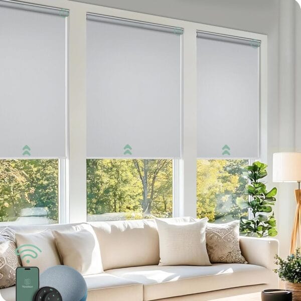 Yoolax Motorized Blinds with Remote, Blackout Smart Blinds for Windows Waterproof Motorized Roller Shades, Automatic Shades Work with Alexa for Living Room, Custom Size (Vinyl White)