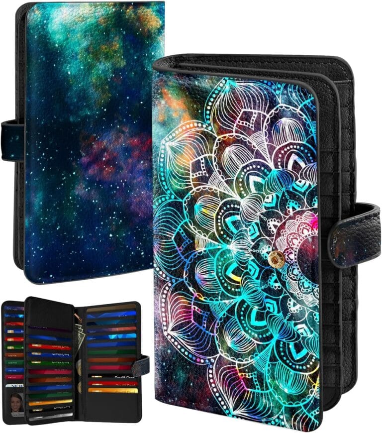Bistup 46 Slots Credit Card Holder for Women Ladies Female Teen Girls Rfid Genuine Leather Cardholder Large Capacity Size Big Billfold Wallets Boho Cute Girly Aesthetic Print Unique