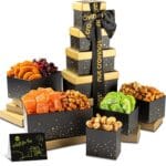 NUT CRAVINGS Fathers Day Gourmet Dad Treats - Dried Fruit & Mixed Nuts Gift Basket, in Black Tower + Ribbon (8 Assortments) Food Arrangement, Healthy Snack Care Package, Kosher