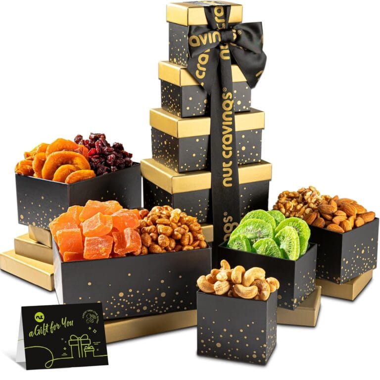 NUT CRAVINGS Fathers Day Gourmet Dad Treats - Dried Fruit & Mixed Nuts Gift Basket, in Black Tower + Ribbon (8 Assortments) Food Arrangement, Healthy Snack Care Package, Kosher