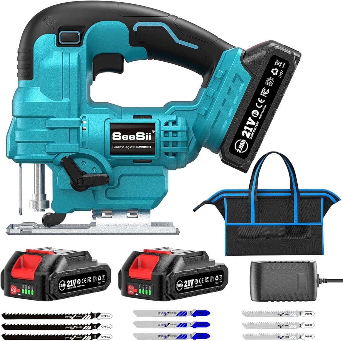 SEESII Cordless Jig Saw 21V, Electric Jigsaw Tool with 2 2.0Ah Batteries, 2800RPM Variable Speed for Wood Cutting, 0-45 Bevel Cuts, LED Light, 4 Orbital Settings for Straight/Curve/Circle Cutting