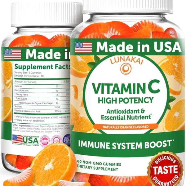 Lunakai USA Made High Potency Vitamin C Gummies for Adults and Kids - 300mg Immune Support - Non-GMO, Vegan, Delicious Orange Flavor, 60ct