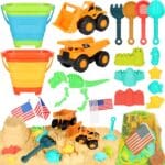Beach Sand Toys for Kids, 29PCS Sandbox Toys with 2 Collapsible Bucket Sand, 2 Dump Truck, Dinosaur Molds, Castle Building Kit, Shovel Sieve,Flags,Mesh Bag Travel Beach Toys for Toddler 3-10