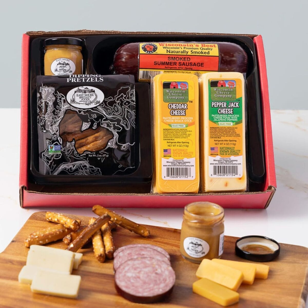 Wisconsin Cheese Company - Classic Snack Gift Box -100% Wisconsin Cheddar & Pepper Jack Cheese, Sausage, Pretzels & Mustard | Perfect for Parties, Charcuterie Boards and Birthdays | Great Mother's Day Gift for Cheese Lovers