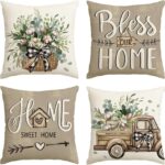 AVOIN colorlife Bless Our Home Farmhouse Eucalyptus Leaves Throw Pillow Covers, 18 x 18 Inch Truck Home Sweet Home Cushion Case Decorations Set of 4