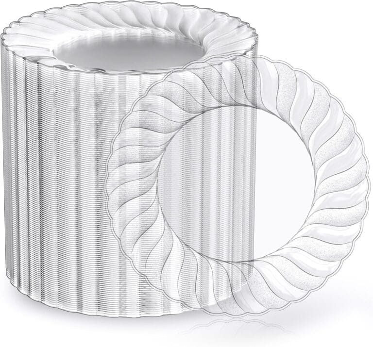 FOCUSLINE 100 Count 6 Inch Clear Plastic Plates, Disposable Heavy Duty Salad Dessert Plates- Premium Hard Plastic Plate Fancy Disposable Clear Plate for Weddings, Parties and Events