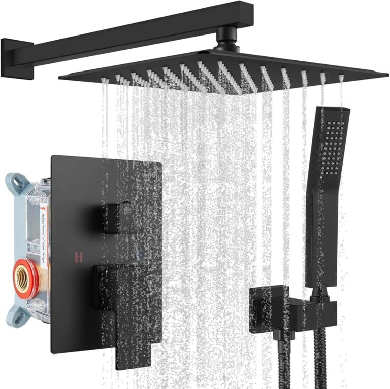 gotonovo Rainfall Bathroom Shower System Rain Shower Head and Handle Set Wall Mounted Shower Complete Combo Solid Brass Pressure Balancing Shower Mixer Valve 10 Inch Matte Black