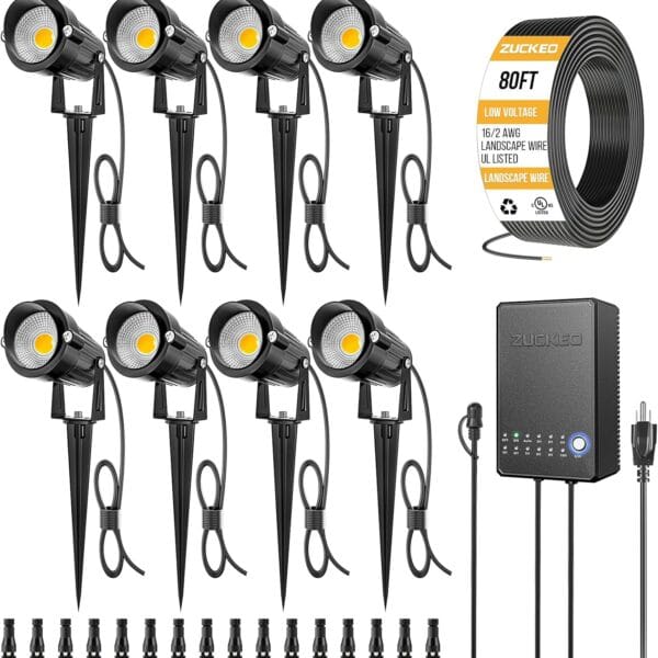 ZUCKEO All-in-One Landscape Lighting Kit, 5W LED Low Voltage Landscape Lights with Transformer and 80FT Wire, Waterproof Outdoor Spotlight with Connectors for Yard Garden House, 3000K 12-24V 8Pack