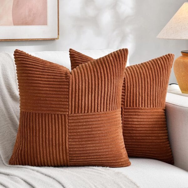 Fancy Homi 2 Packs Rust Boho Decorative Throw Pillow Covers 18x18 Inch for Couch Bed Sofa, Farmhouse Fall Home Decor, Soft Corss Corduroy Patchwork Textured Terracotta Accent Cushion Case 45x45 cm