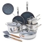 Blue Diamond Hybrid Nonstick Stainless Steel 12 Piece Cookware Set, Tri-Ply PFAS-Free Ceramic Pots & Pans, Dishwasher & Oven Safe to 850F, Induction Ready, Compatible with All Cooktops, Silver