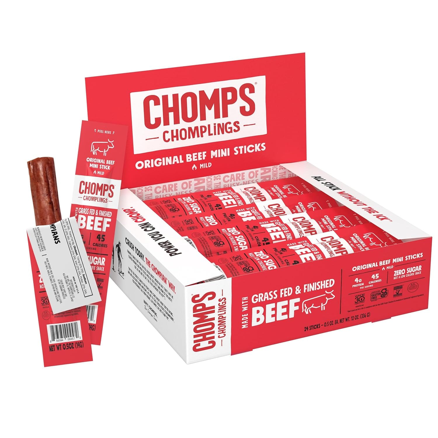Chomps Snack Size Grass Fed Original Beef Jerky Snack Sticks 0.5oz 24 Pack Keto, Paleo, Whole30, 4g Lean Meat Protein, Gluten Free, Zero Sugar Food, Non GMO Chomplings Chomps Snack Size Grass-Fed Original Beef Jerky Snack Sticks 0.5oz 24-Pack - Keto, Paleo, Whole30, 4g Lean Meat Protein, Gluten-Free, Zero Sugar Food, Non-GMO Chomplings