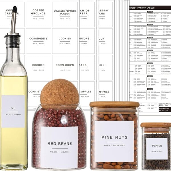 308 Kitchen Pantry Labels for Food Containers, 3 Sizes White Minimalist Labels for Organizing, Food Label for Jars, Storage Bins, Preprinted Waterproof Pantry Label for Containers