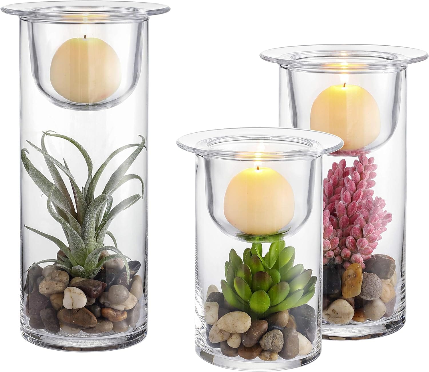 Set Of 3 Cylinder Glass Succulent/Decorative Hurricane Candle Holder With Decorative Cobblestones And Artificial Plants (No Candles) Unique Accent For Home And Table Decorative Christmas Ornaments Set of 3 Cylinder Glass Succulent/Decorative Hurricane Candle Holder with Decorative Cobblestones and Artificial Plants (No Candles) - Unique Accent for Home and Table Decorative Christmas Ornaments