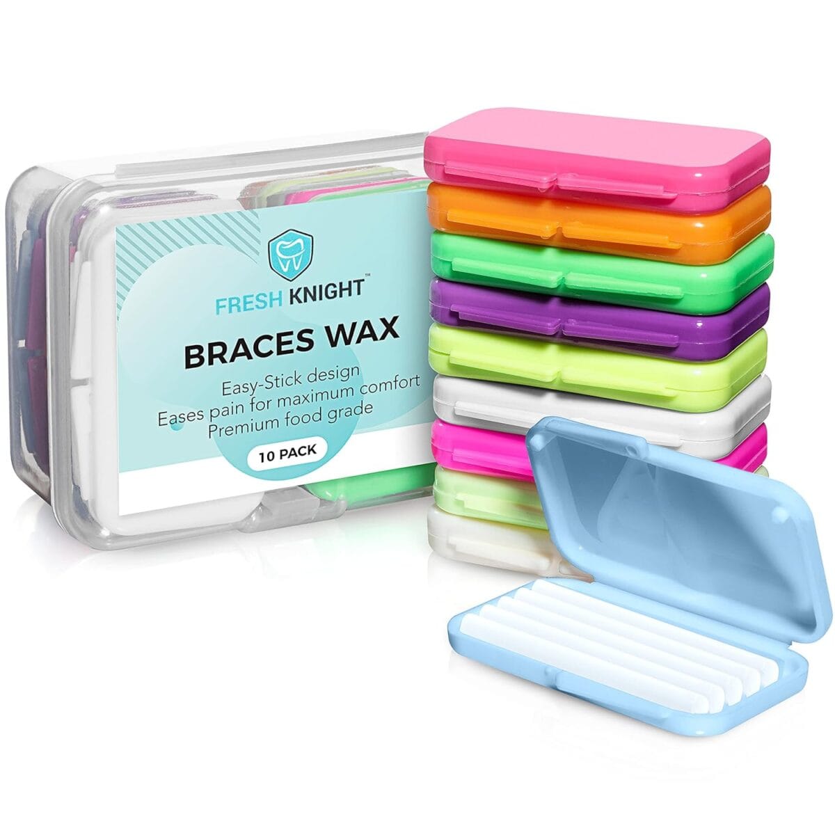 Braces Wax, 50 Premium Orthodontic Strips - Unscented & Flavorless with Color Cases and Storage. 10 Pack, Fresh Knight (Colors)
