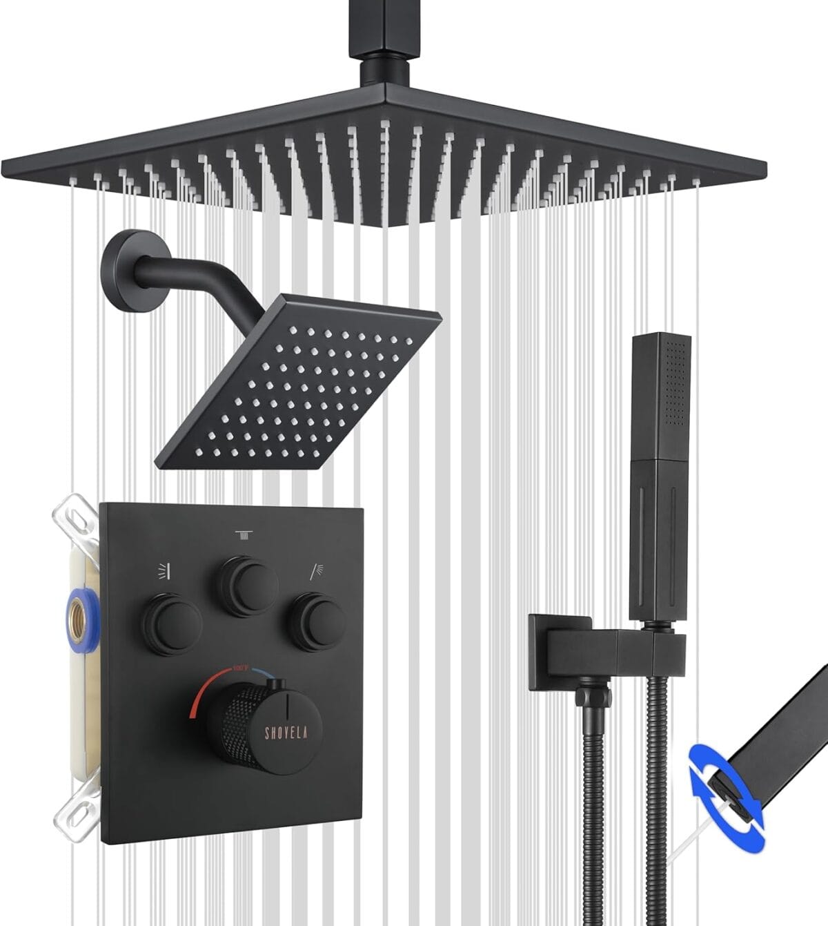 Thermostatic Shower System Matte Black, Push Button Diverter Shower Faucet with 2 in 1 Handheld, Ceiling Mount 12 Inch Shower Head with 6 Inch Wall Mount Shower Head