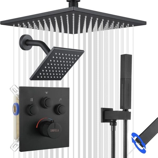 Thermostatic Shower System Matte Black, Push Button Diverter Shower Faucet with 2 in 1 Handheld, Ceiling Mount 12 Inch Shower Head with 6 Inch Wall Mount Shower Head