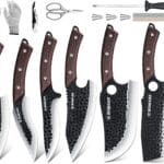 Meat Cleaver Butcher Knife Set of 13, Hand Forged Santoku Knife Cleaver Knife Paring Knife, High Carbon Steel Kitchen Boning Knife for Meat Cutting with Roll Bag & Accessories Kitchen BBQ Gift for Men