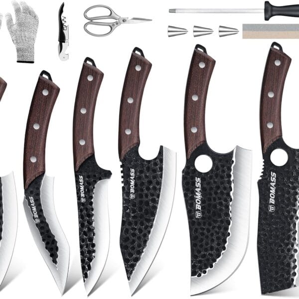 Meat Cleaver Butcher Knife Set of 13, Hand Forged Santoku Knife Cleaver Knife Paring Knife, High Carbon Steel Kitchen Boning Knife for Meat Cutting with Roll Bag & Accessories Kitchen BBQ Gift for Men