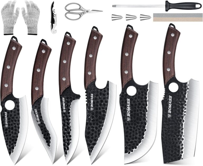 Meat Cleaver Butcher Knife Set of 13, Hand Forged Santoku Knife Cleaver Knife Paring Knife, High Carbon Steel Kitchen Boning Knife for Meat Cutting with Roll Bag & Accessories Kitchen BBQ Gift for Men