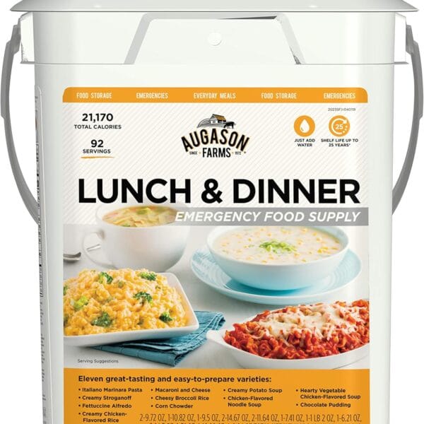 Augason Farms 4-Gallon Lunch & Dinner Variety Pail - Dehydrated Survival Food Kit - Long Shelf Life Ready to Eat Meals - Disaster Prep, Hiking & Camping Essentials - 92 Servings