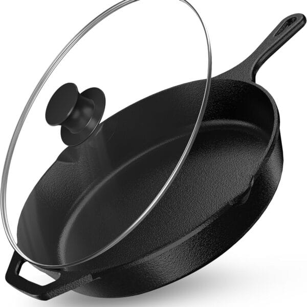 Utopia Kitchen Saute Frying Pan 12 Inch, Cast Iron Chefs Pan, Pre Seasoned Cast iron Skillet With Lid, Safe Grill Cookware for Indoor & Outdoor Use, Black