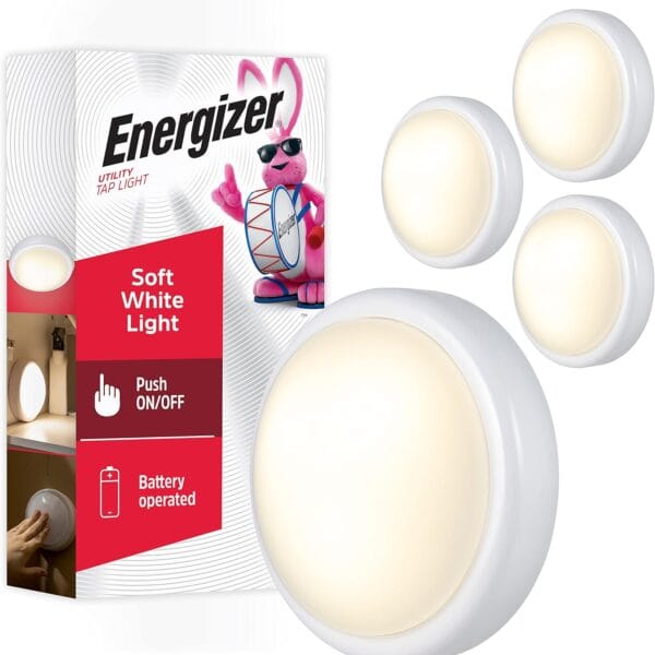 Energizer LED Tap, 4 Pack, Push, Battery Operated, Touch, Stick On Lights, Wireless, Puck, Under Cabinet Lighting, Perfect for Closets, Kitchen and More, 48958-P1