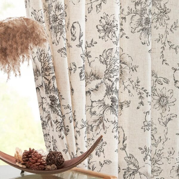 jinchan Linen Blend Curtain Floral Curtains for Living Room 84 Inch Length Black Printed Curtains Rod Pocket Back Tab Farmhouse Peony Flower Patterned Drapes Bedroom Window Curtain Set 2 Panels