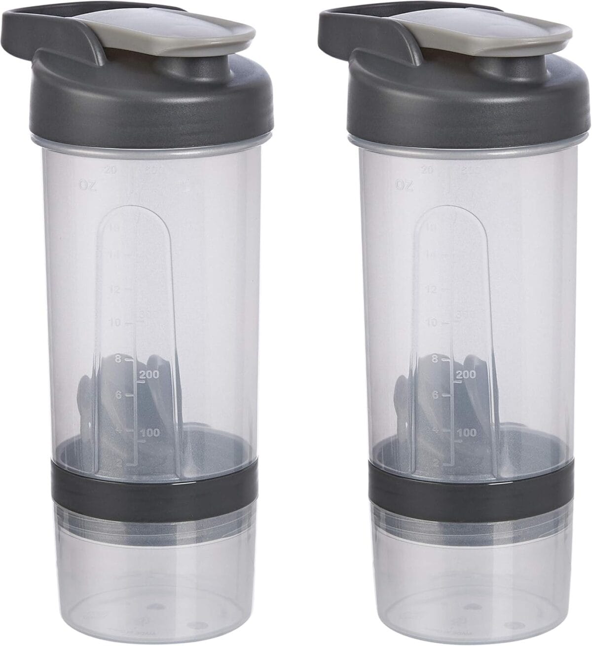 Amazon Basics Protein Shaker Bottle with Mixer Ball, Cups for Shakes, 20 oz, 2-Pack, Gray, 11.8x9x23 cm