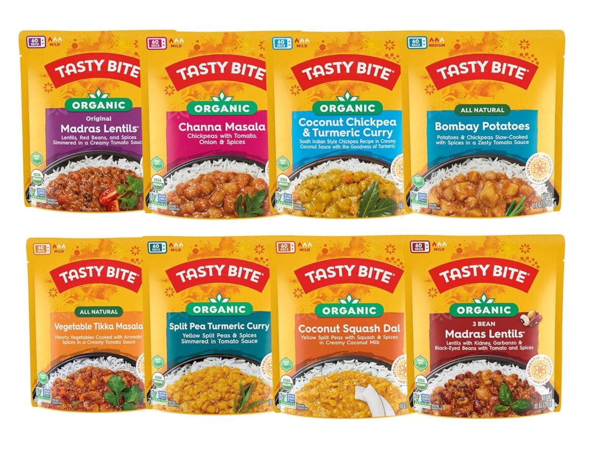 Tasty Bite Variety, Pack of 8, Madras Lentils, Bombay Potatoes, Vegetable Tikka Masala, Channa Masala, 3Bean Madras Lentils, Split Pea & Turmeric Curry, Coconut Squash Dal, Chickpea Coconut and Turmeric Curry