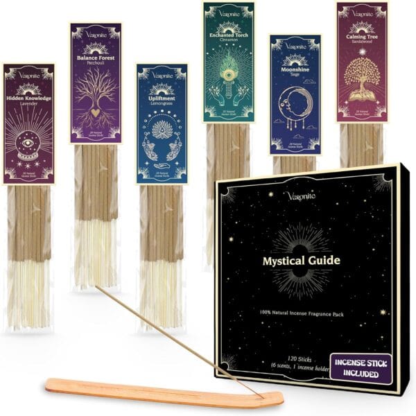Mystical Guide Incense Sticks Variety Pack of 6 (120 Insence-sticks) with Holder: Patchouli, Lavender, Sandalwood, Cinnamon, Lemongrass, Sage Inscents-sticks, Organic Incense Sticks Non toxic