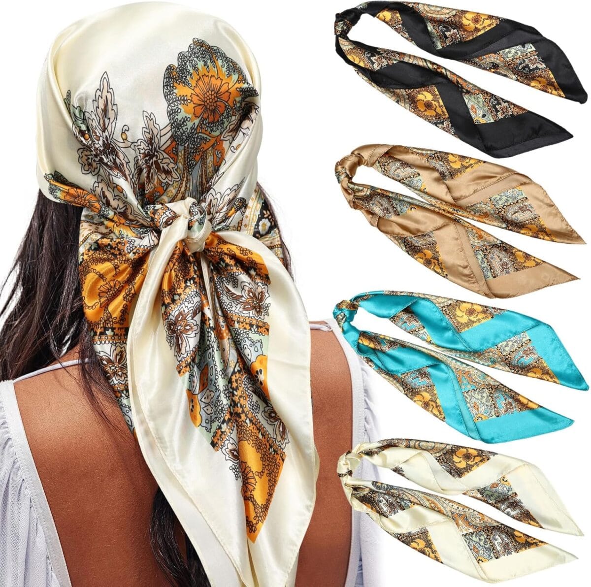 AWAYTR 35 Satin Large Square Head Scarves - 4PCS Silk Like Neck Scarf Hair Sleeping Wraps Satin Silk Scarfs for Women
