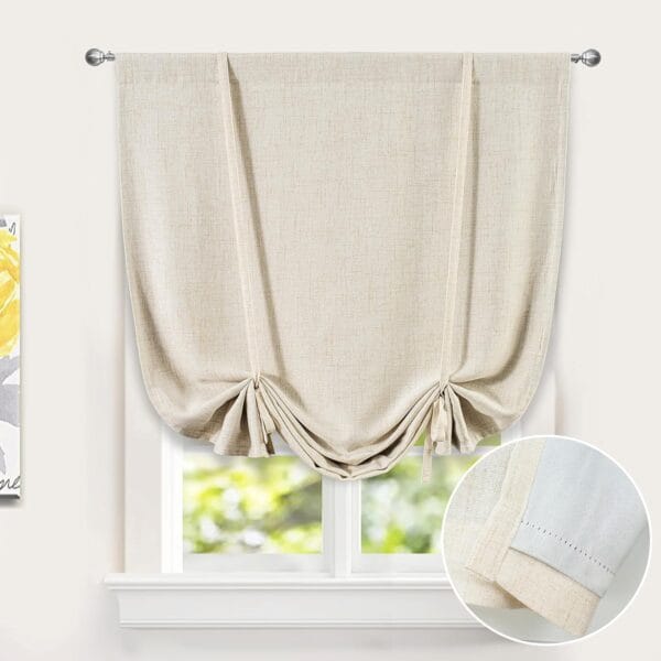 DriftAway Double Layer Linen Blackout Tie Up Curtains Thermal Insulated Fully Lined Balloon Roman Shade Bathroom Window Adjustable Rod Pocket for Small Window 39 Inch by 55 Inch Beige