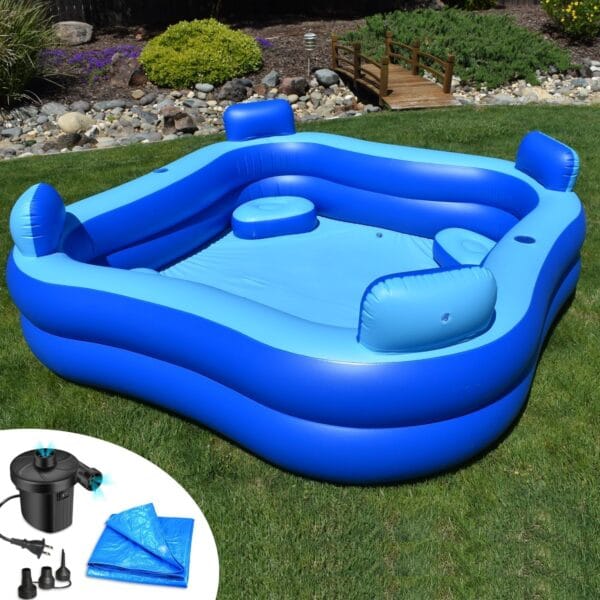 Rukala Inflatable Pool with Seats and Headrests 8' x 8' - Bundle - Electric Pump Included - Protective Tarp Included