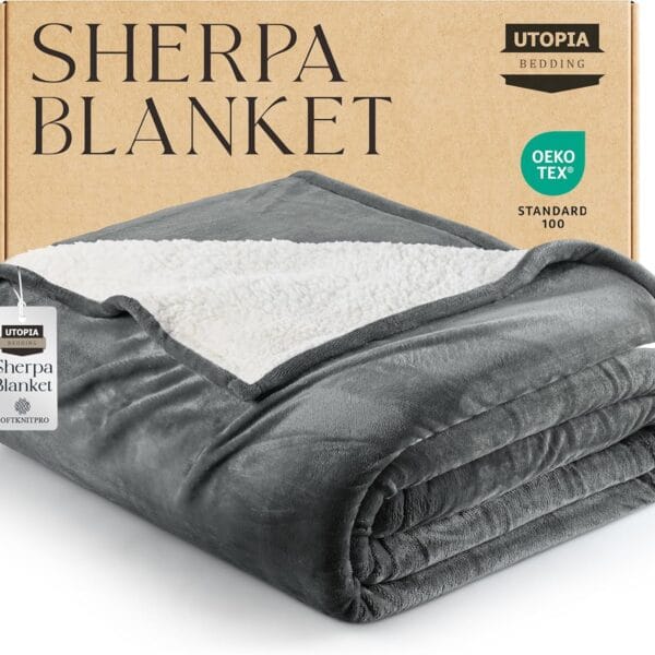 Utopia Bedding Sherpa Blanket King Size (Grey, 90x102 Inches) - Soft Lightweight Plush Fleece Reversible Blanket for Bed, Sofa, Couch, Camping and Travel