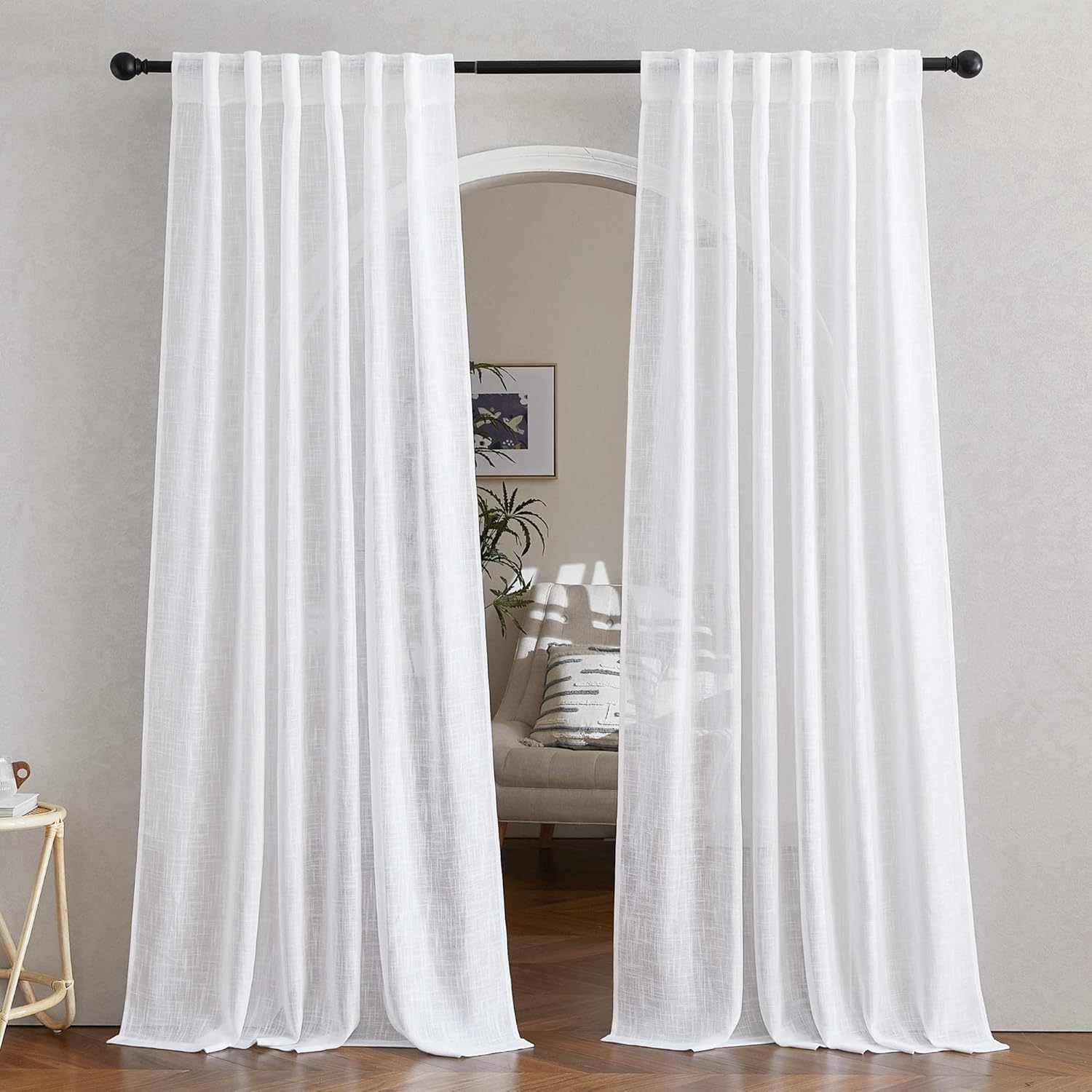 NICETOWN White Linen Sheer Curtains And Drapes 84 Inches Long, Rod Pocket & Back Tab Semitransparent With Light Through Vertical Window Treatments For Sliding Glass Door & Living Room, 52"W, Set Of 2 NICETOWN White Linen Sheer Curtains and Drapes 84 inches Long, Rod Pocket & Back Tab semitransparent with Light Through Vertical Window Treatments for Sliding Glass Door & Living Room, 52"W, Set of 2