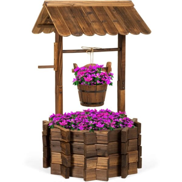 Best Choice Products Rustic Wooden Wishing Well Planter Outdoor Home Dcor for Patio, Garden, Yard w/Hanging Bucket