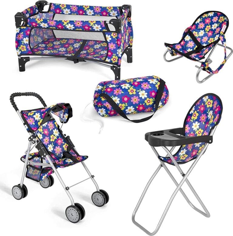 fash n kolor 4 Piece Baby Doll Play Set Flower Design Includes - Foldable Pack N Play, Baby Doll Stroller, Baby Doll High Chair, Infant Seat, Fits Up to 18'' Doll 4 Piece Doll Accessories Set