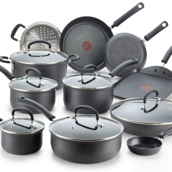 T-fal Ultimate Hard Anodized Nonstick Cookware Set 17 Piece, Oven Broiler Safe 400F, Lid Safe 350F, Kitchen Cooking Set w/Fry Pans, Saucepans, Saute Pan, Griddle, Pots and Pans, Dishwasher Safe Black