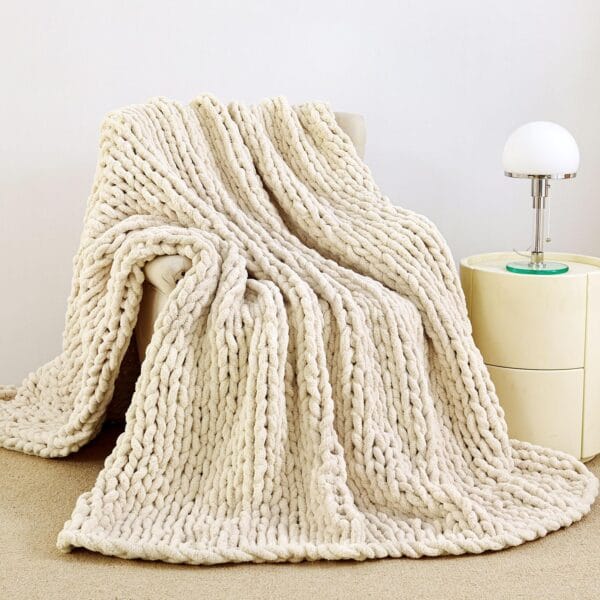 Admitrack Chunky Knit Blanket Throw 51"x63", 100% Hand Knit Chenille Throw Blanket for Sofa & Home Decor, Soft and Cozy Knitted Throw Blankets (Ivory51"x63")
