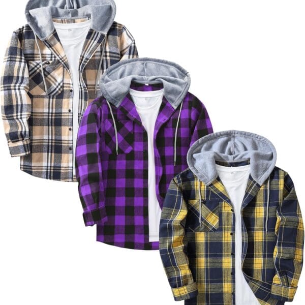 ZITY 3 Pack Men's Flannel Hoodie Shirts Long Sleeve Casual Vintage Button Down Plaid Shirt Jacket with Pocket