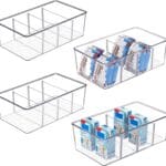 Vtopmart 4 Pack Food Storage Organizer Bins, Clear Plastic Bins for Pantry, Kitchen, Fridge, Cabinet Organization and Storage, 4 Compartment Holder Packets, Snacks, Pouches, Spice Packets