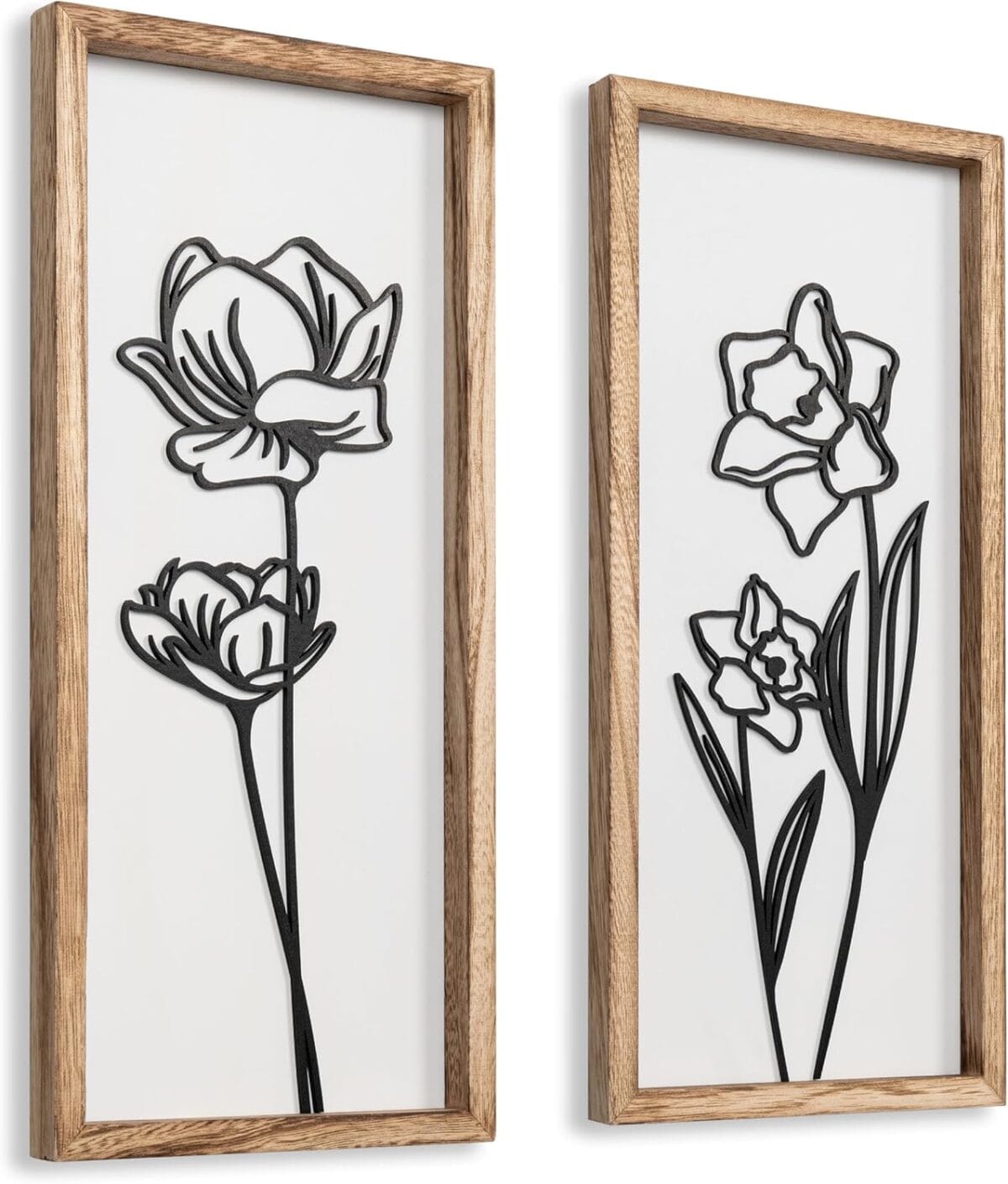 3D Black and White Wall Art (Set of 2) Lightweight, Wooden Ready-to-Hang Framed Floral Wall Art for Bathroom, Bedroom, Living Room or Office  Boho Botanical Farmhouse Decor  Gift-Boxed
